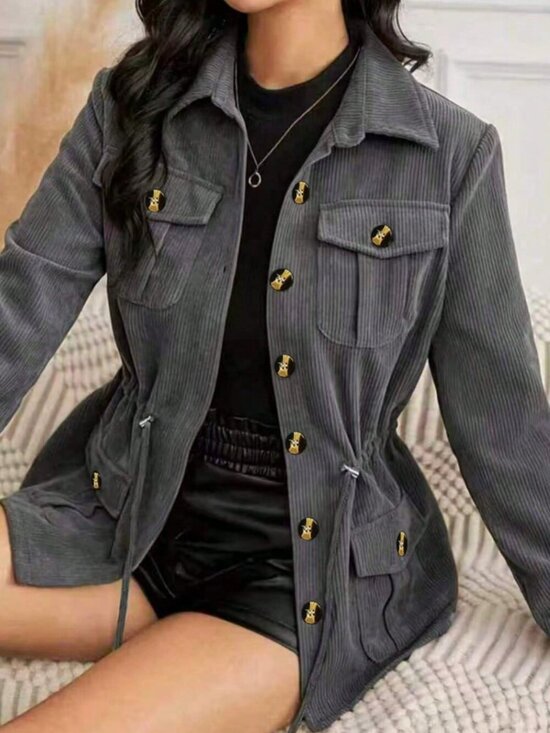 Jackets & Blazers - Grey Casual Women's Corduroy Shacket with Drawstring Waist and Button-Up Collar